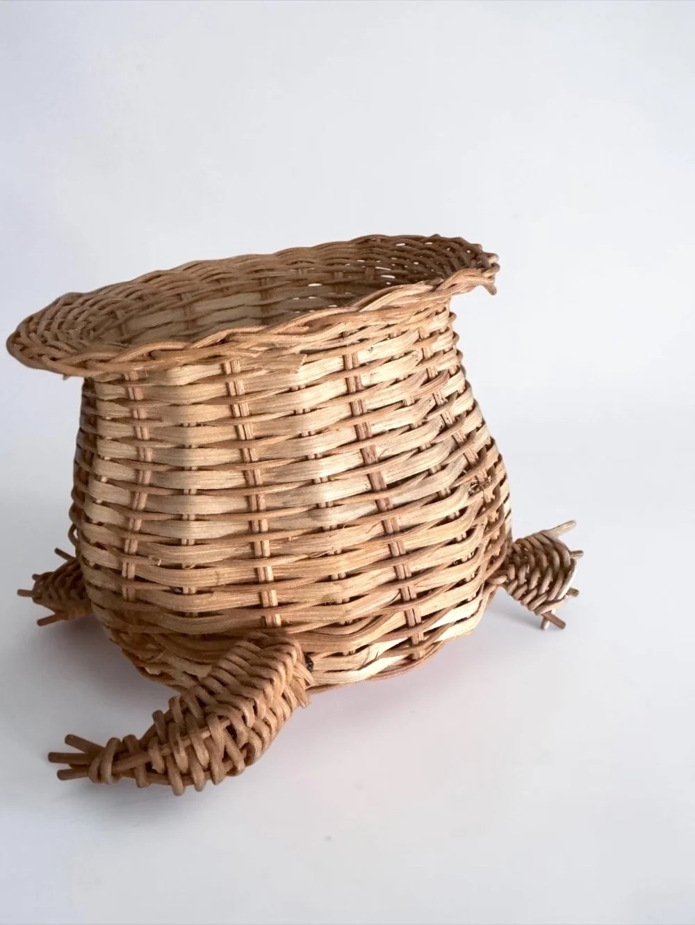Vintage Wicker Turtle Basket with Black Bead Eyes, Mid-Century Handmade Rattan
